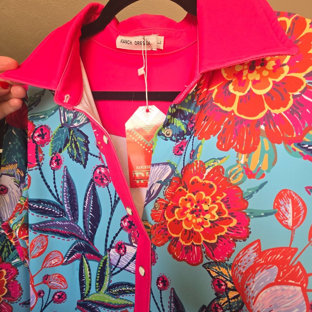Bright Blue Floral Button-Down Shirt with Pink Trim